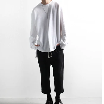  Пролет-есен мъжка тениска с дълъг ръкав приливи и отливи, мъжки корейската мода, нередовна свободни тениски с кръгло деколте, къса се върти, голяма си