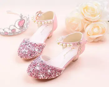  Сандали за момичета на висок ток, колекция от 2021 г., пролетно-летни обувки на принцесата с кристали и лък/сватбени фини обувки с кристали, блестящи сребристи