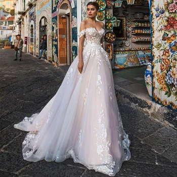  Сватбена рокля Трапецовидна форма с открити рамене, Дантелени апликации, 2022, Прекрасна Сватбена рокля с отворен гръб, Тюлевое Винтажное Сватбена рокля С влак