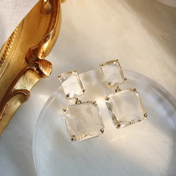  Сребърна игла прозрачни геометрични квадратни кристални обеци багаж преувеличен дизайн обици, Модни дамски Обици
