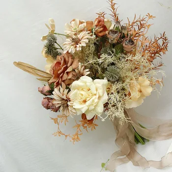  Стари Изкуствени Цветя, Букети Булки за Сватбена Фотография Копринени Цветя на Божур Фалшиви Сватбени Букети Аксесоари