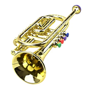  Тръба Детска Музикална Образователна Играчка Духови Инструменти ABS Златен Тромпет С 4 Цветни Бутони За Децата