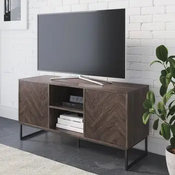  Шкаф за телевизор със Скрито Хранилище на Модел на коледно дърво Дърво, Метал, Сиво/Черно
