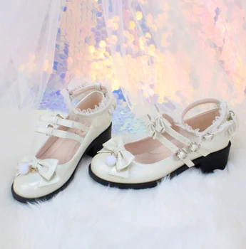  Японската обувки в стил лолита, скъпа принцеса, лейси обувки с лък на среден ток, реколта дамски обувки с кръгло бомбе, бандажная кавайная обувки, лоли, cosplay, cos